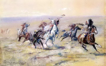 quand les sioux et les pieds noirs se rencontrent 1904 Charles Marion Russell Amérindiens Peinture à l'huile